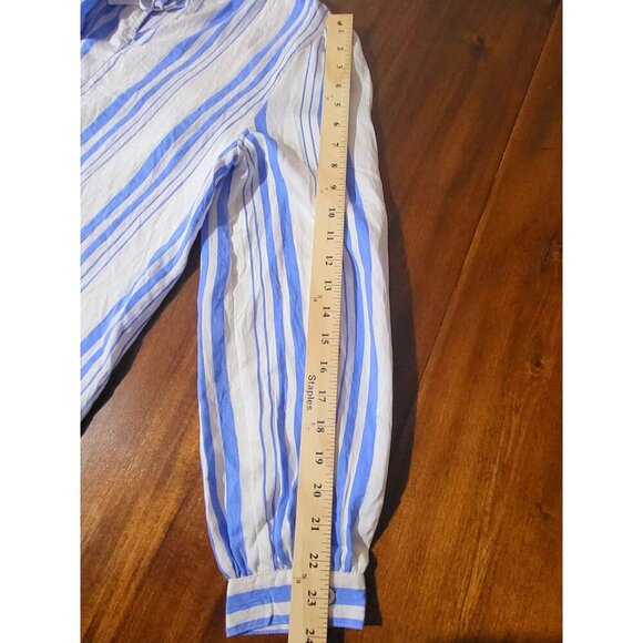 Blue & White Striped Tencel Blouse With Tie-Back & Pop Sleeves By Very J Sz M Ne - Picture 7 of 12